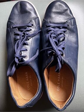 Cole Haan Navy Leather Lace-Up Sneakers with White Soles